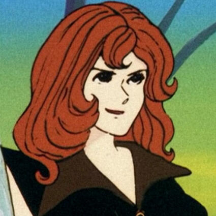 a screenshot of fujiko from part i of lupin iii, looking off camera with a smirk