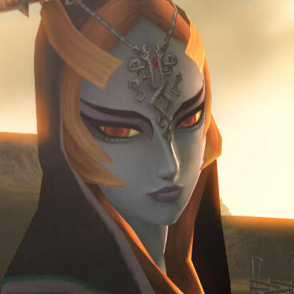 a screenshot of midna from the end of twilight princess, specifically the scene where she says, "am i so beautiful that you've no words left?"