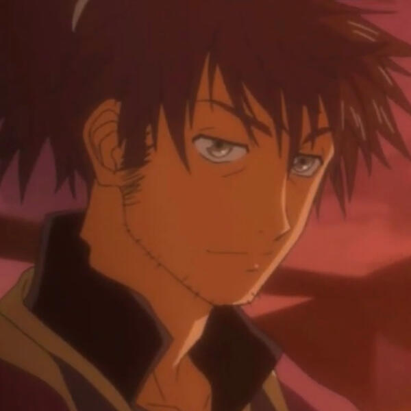 screenshot of raven from the tales of vesperia opening, tinted orange by the sunset in the background