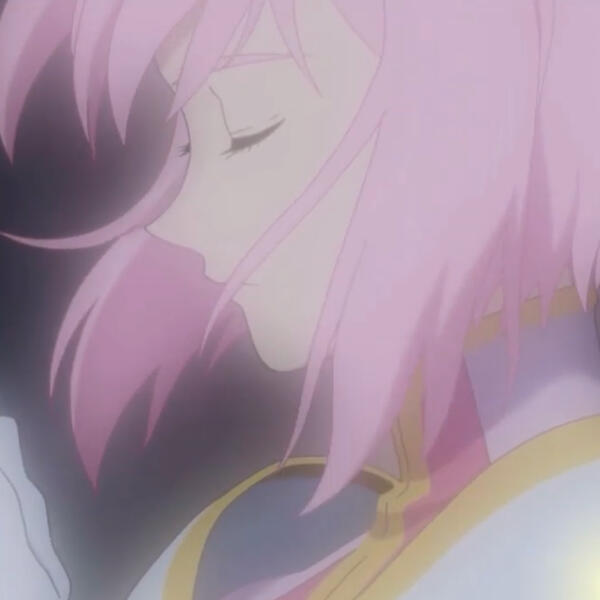 a screenshot of estelle from the opening of tales of vesperia, with her eyes closed in prayer