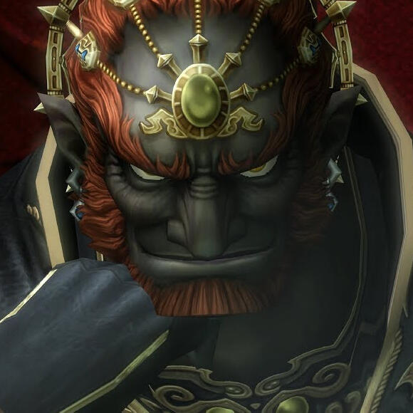cropped screenshot from twilight princess, showing ganondorf resting his chin on his fist and smirking