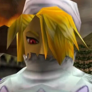 a screenshot of sheik from ocarina of time, looking downwards